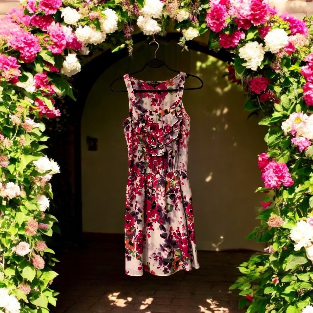 Express White with Pink/Purple/Green/Orange Blotchy Floral Print Sundress